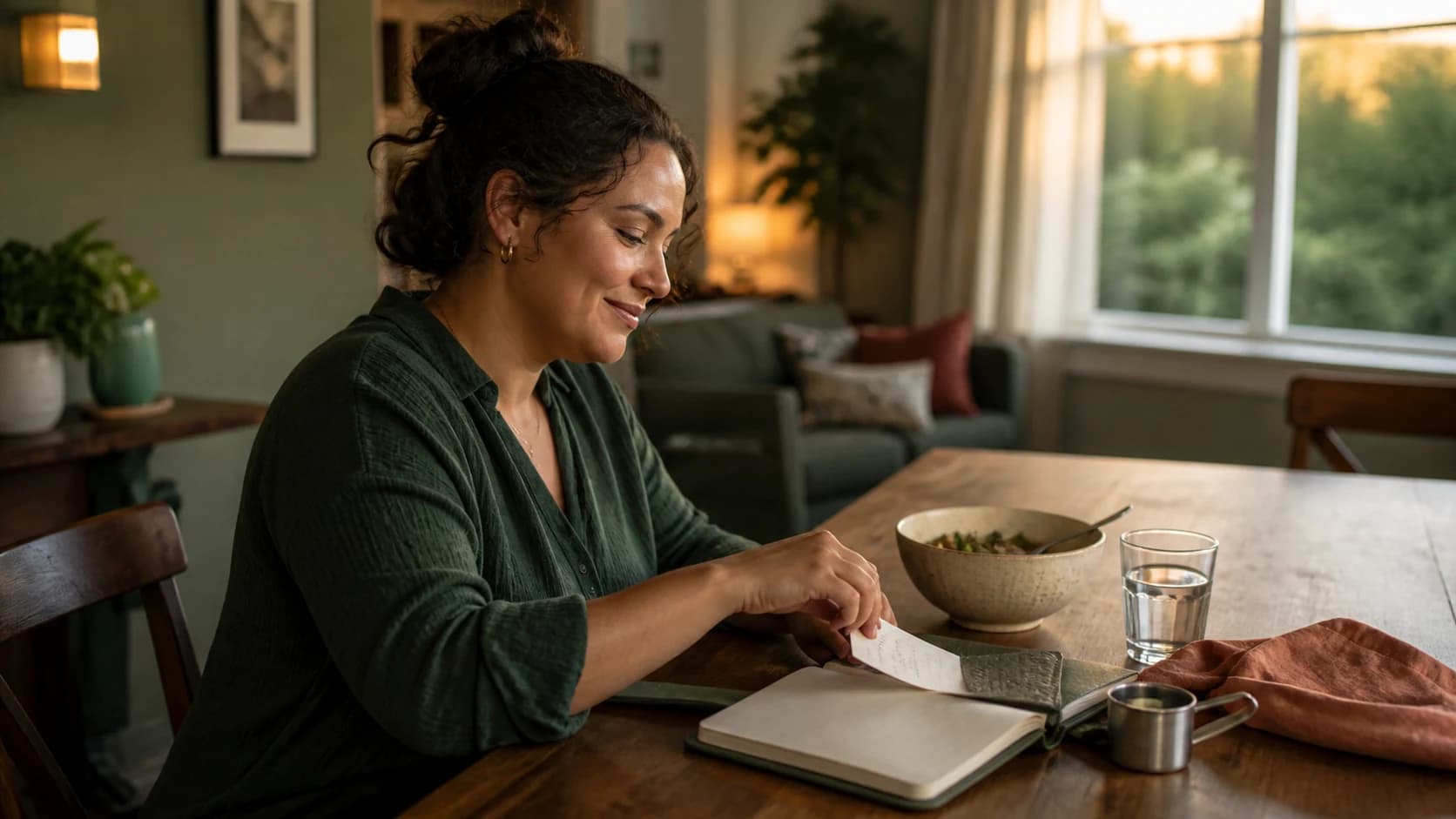 Adult placing a small meal note into a planner at an evening kitchen table