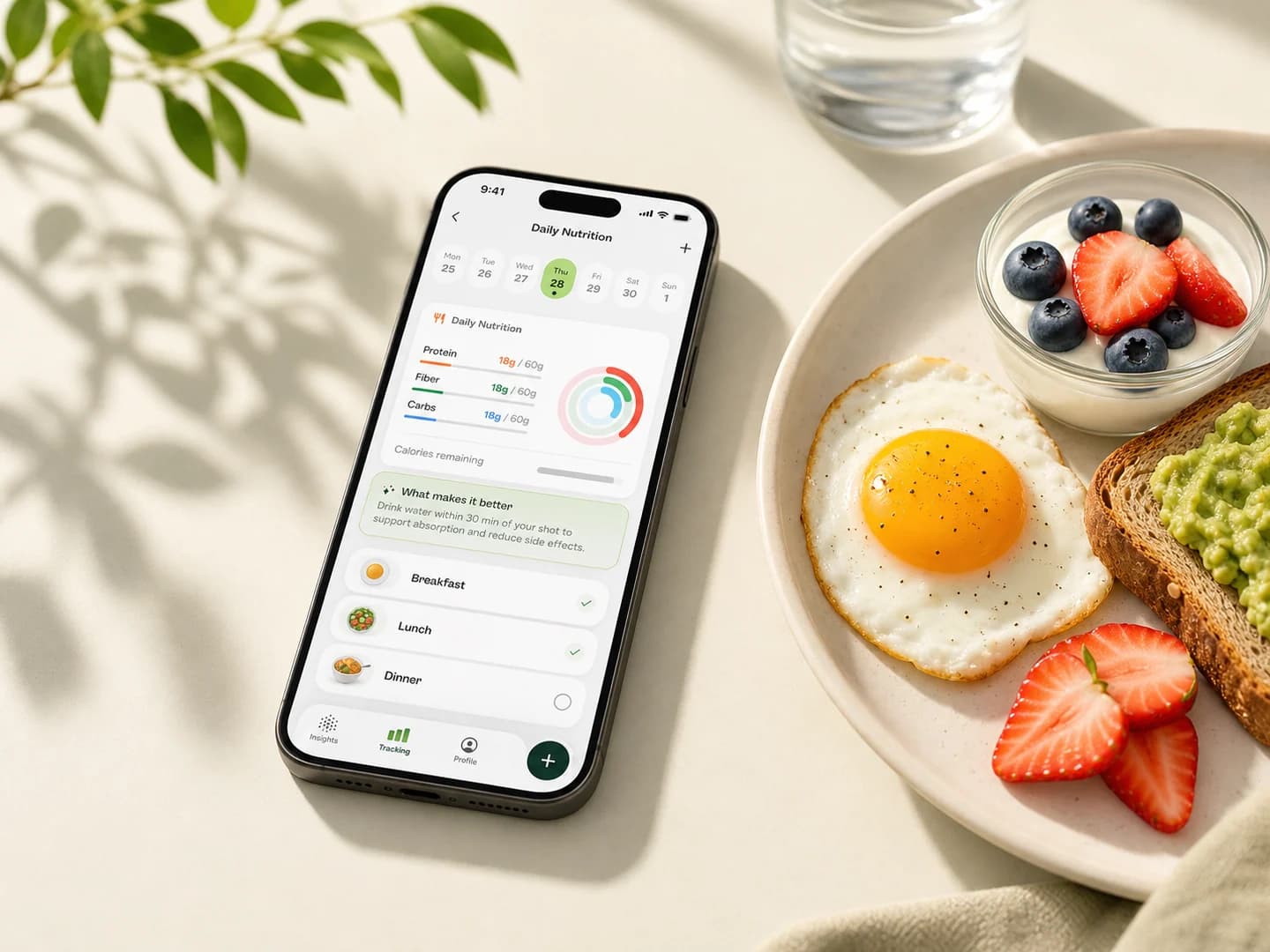 Glowise daily nutrition screen shown beside a breakfast plate