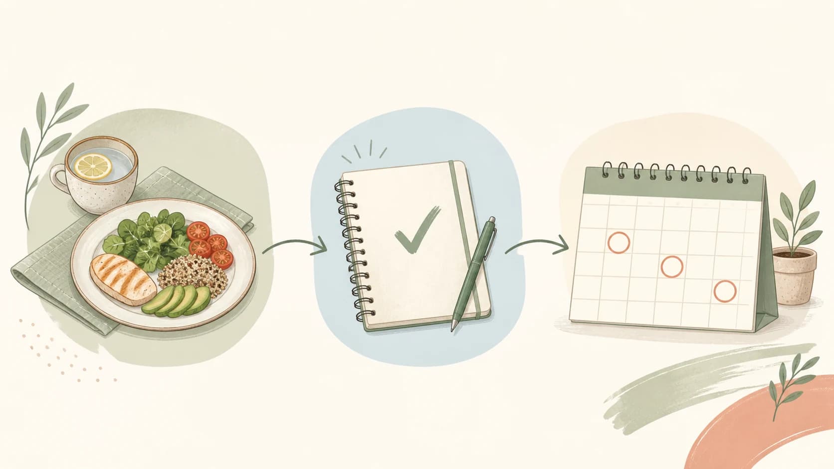 Illustrated sequence of a meal, a notebook check mark, and a weekly calendar connected by arrows