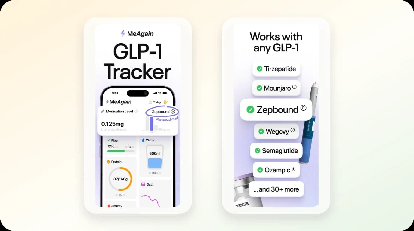 MeAgain App Store screens show dose and daily routine tracking