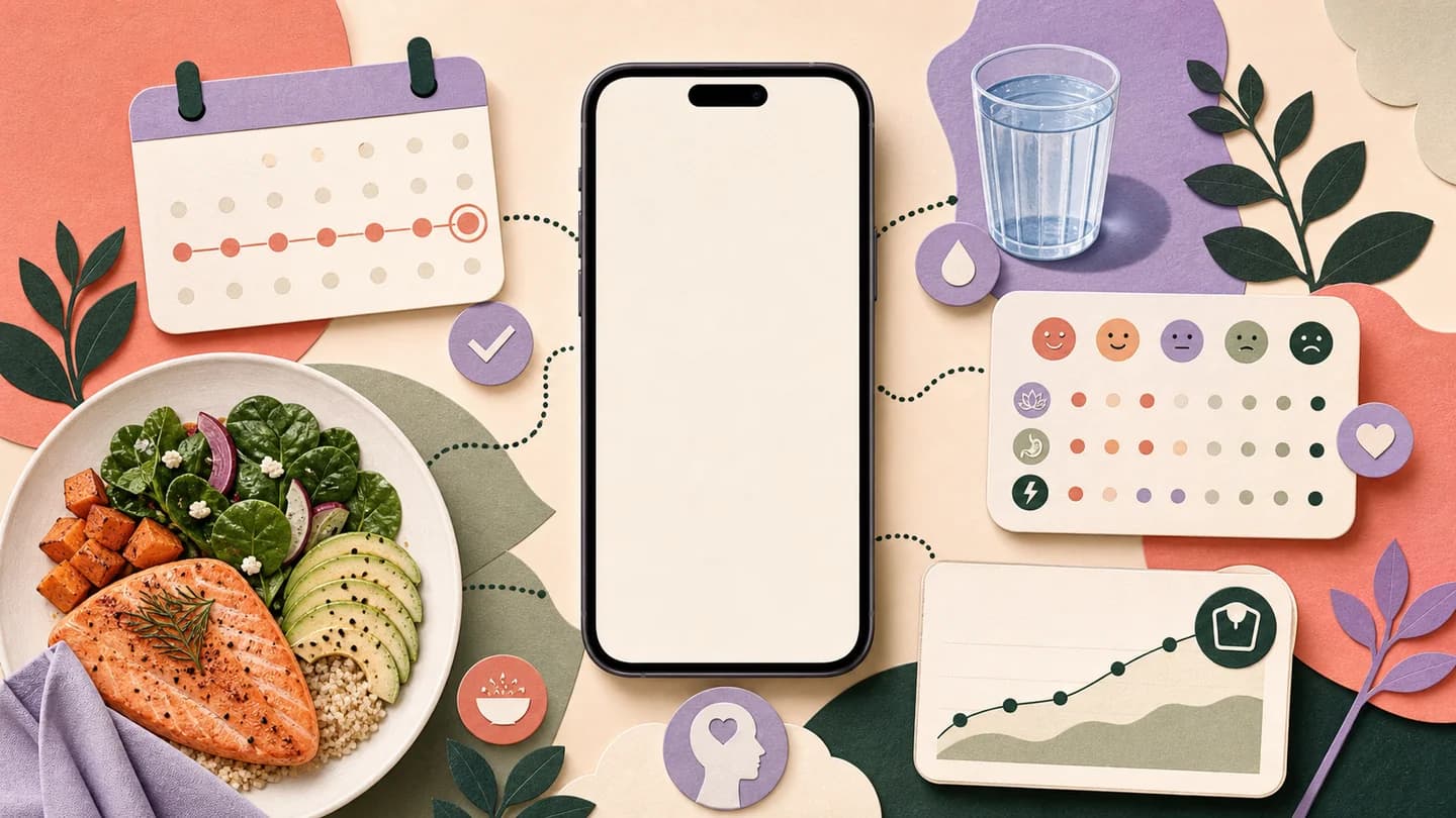 A four-part scorecard illustrates medication, food, hydration, and progress priorities around a phone