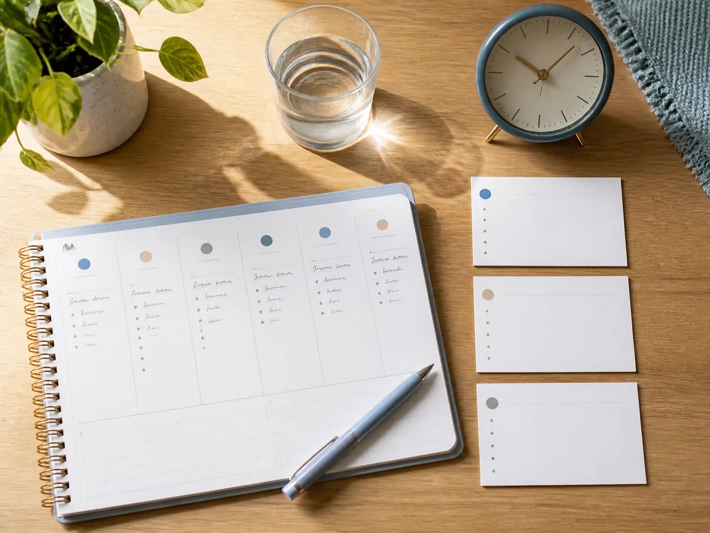 Planner, water glass, clock, and blank note cards arranged for a context checklist