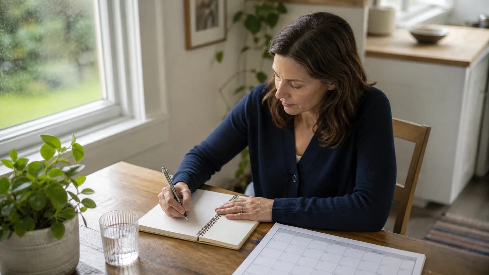 Person writing notes beside a calendar and water glass at a kitchen table
