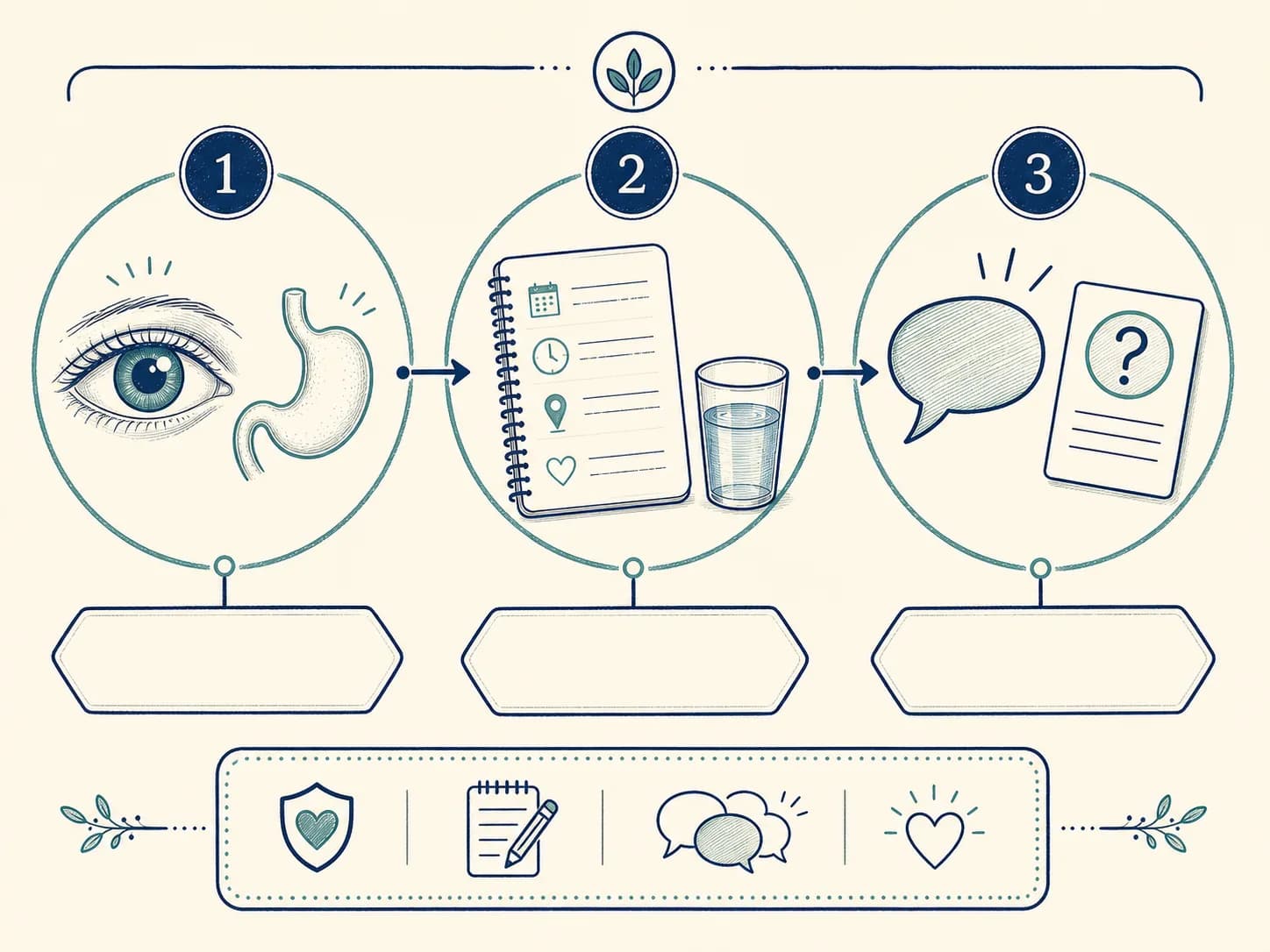 Illustrated sequence of noticing a symptom, recording context, and preparing a question