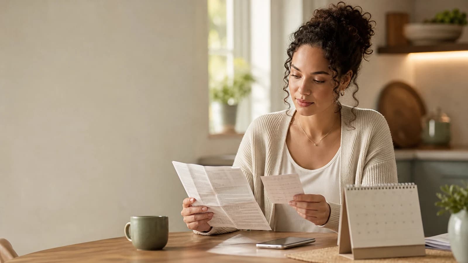 Person at a kitchen table comparing a medicine leaflet with a short handwritten note beside a phone