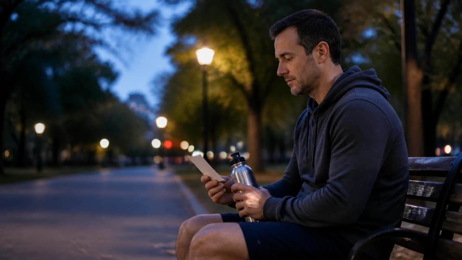 Man reviewing a small note card while holding a water bottle on a park bench at dusk