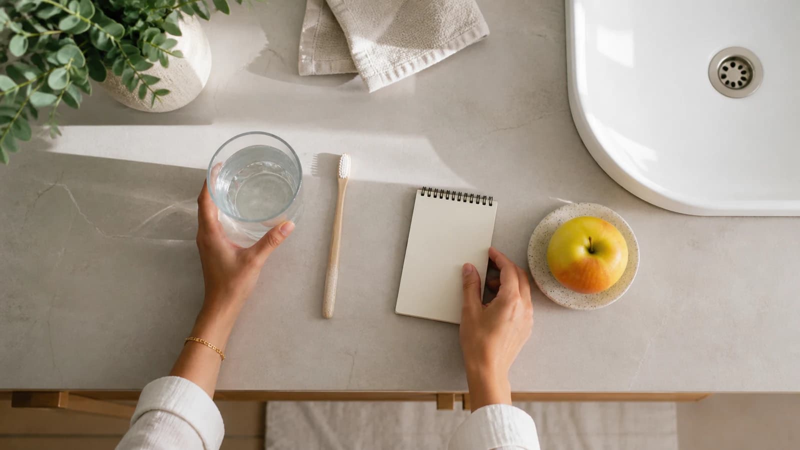 Hands arranging a water glass, toothbrush, blank notebook, and fruit on a bathroom counter