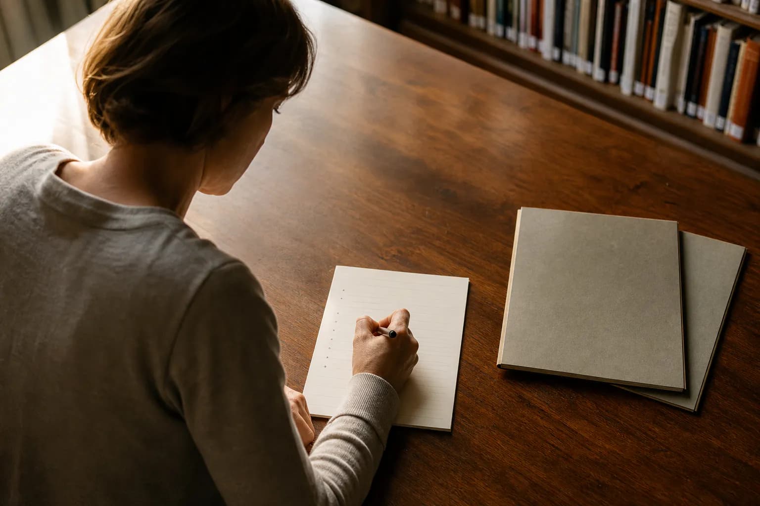Adult writing a short question list beside two unbranded folders at a library desk