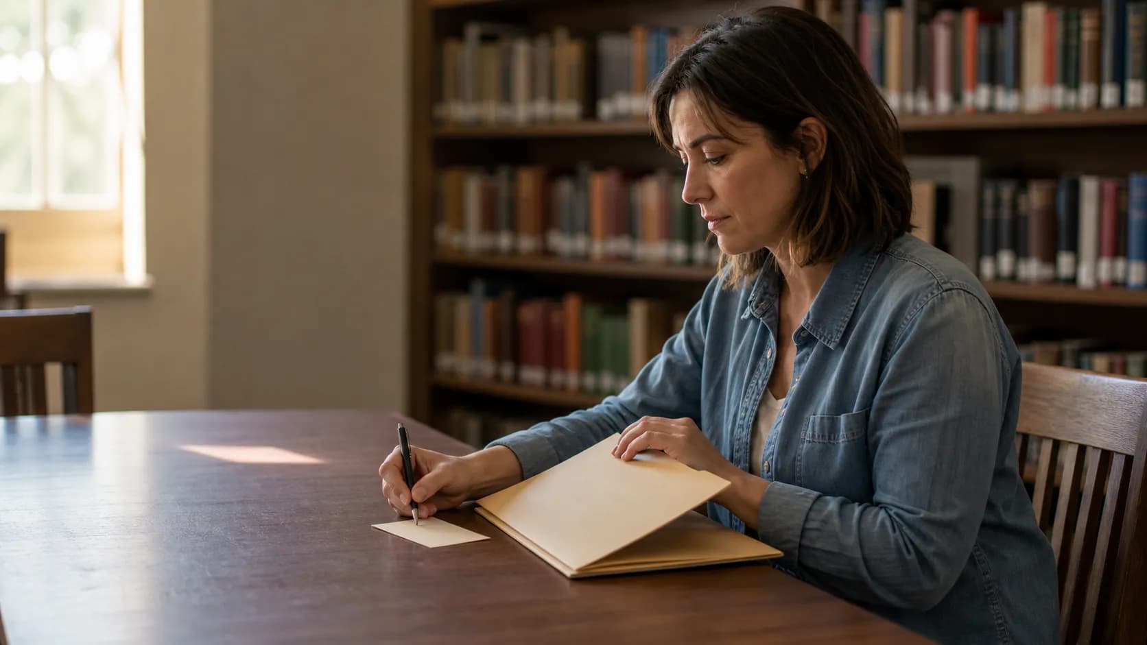 Person sorting two unbranded source folders at a quiet public-library table