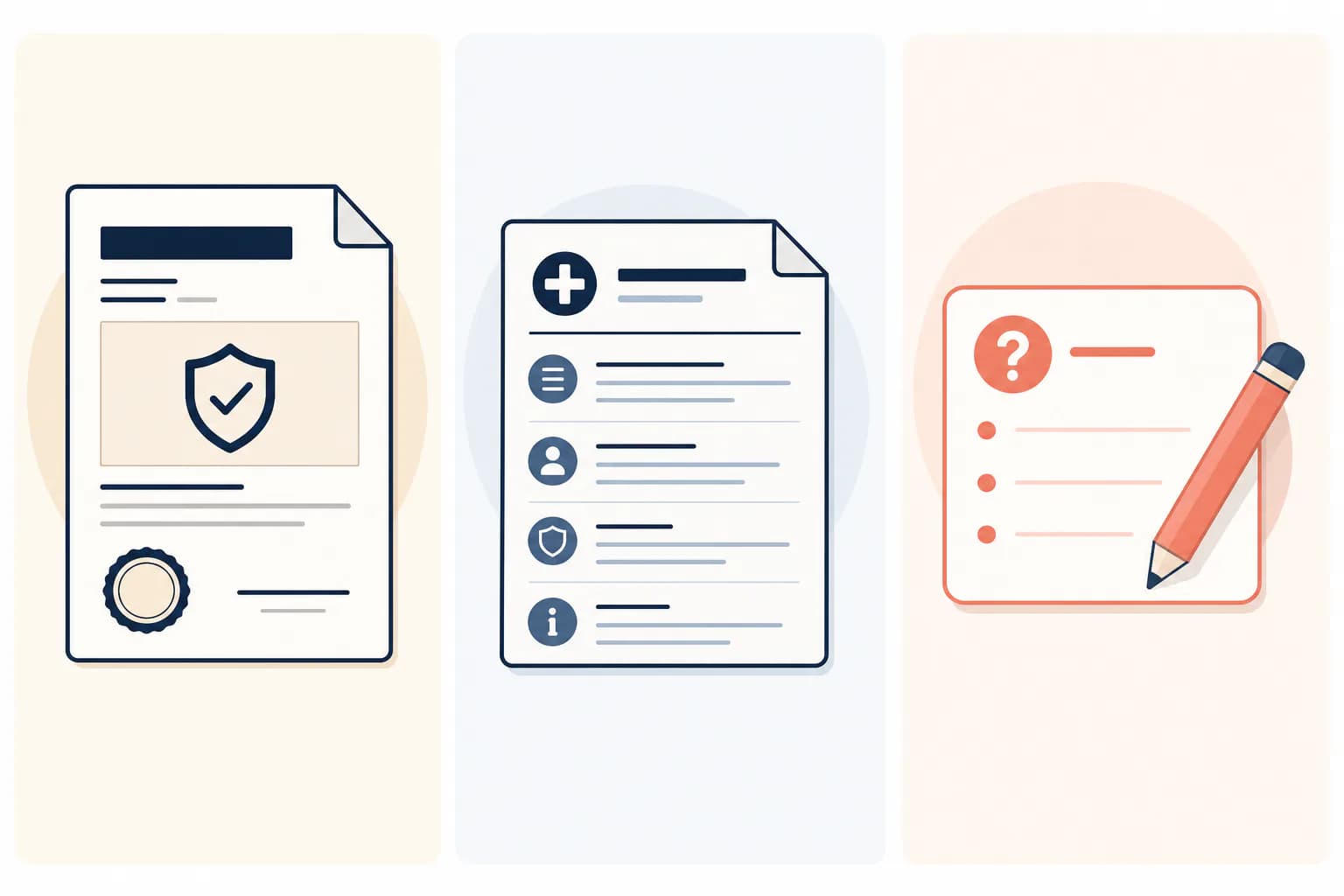 Illustrated three-column comparison of a product label, pharmacy information, and a personal question card