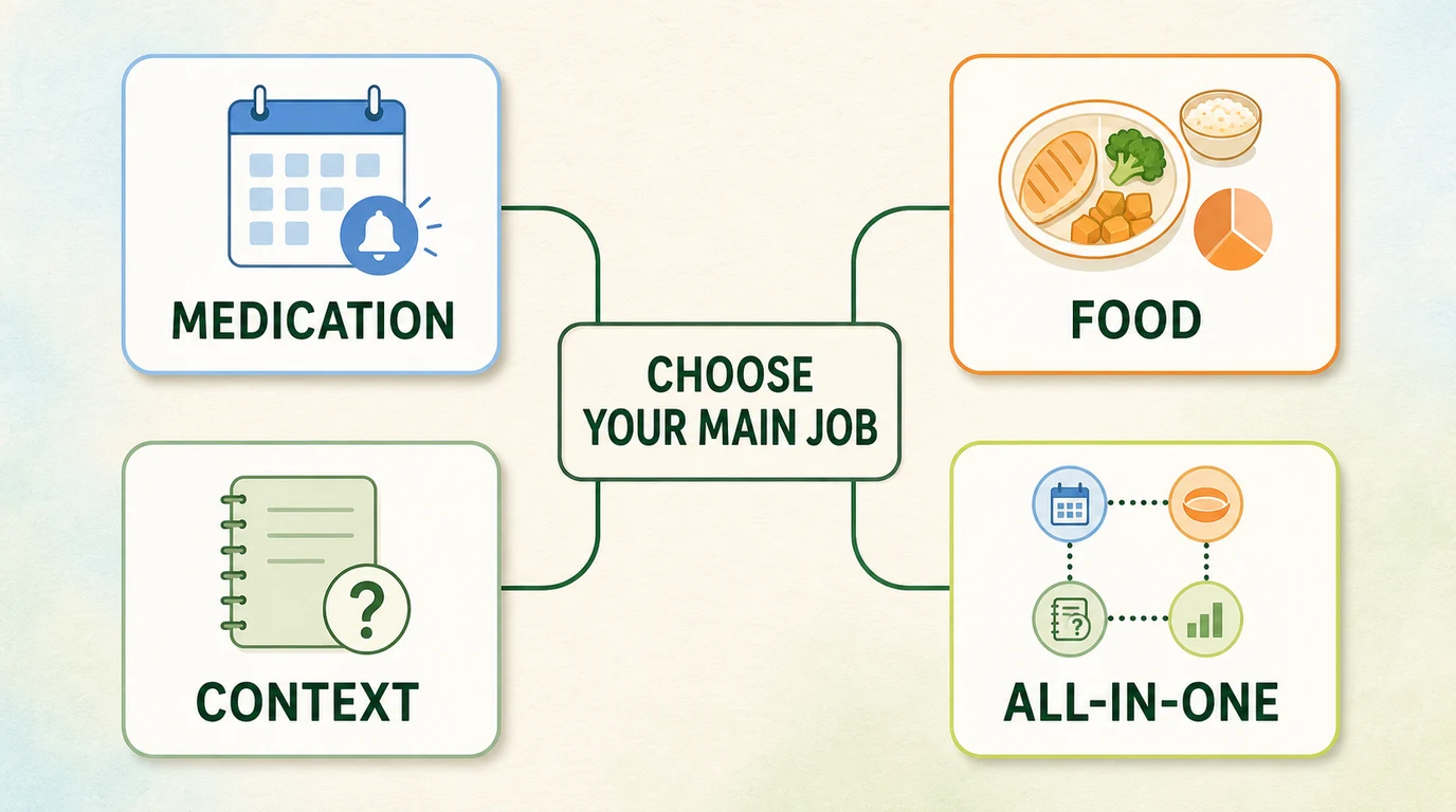 Decision map for choosing medication, food, context, or all-in-one tracking