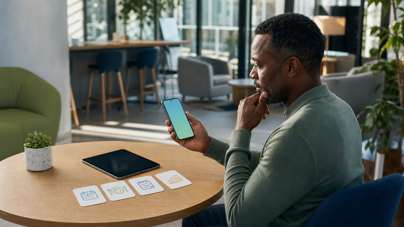 A man compares tracker needs using a phone, tablet, and four criteria cards in a coworking lounge