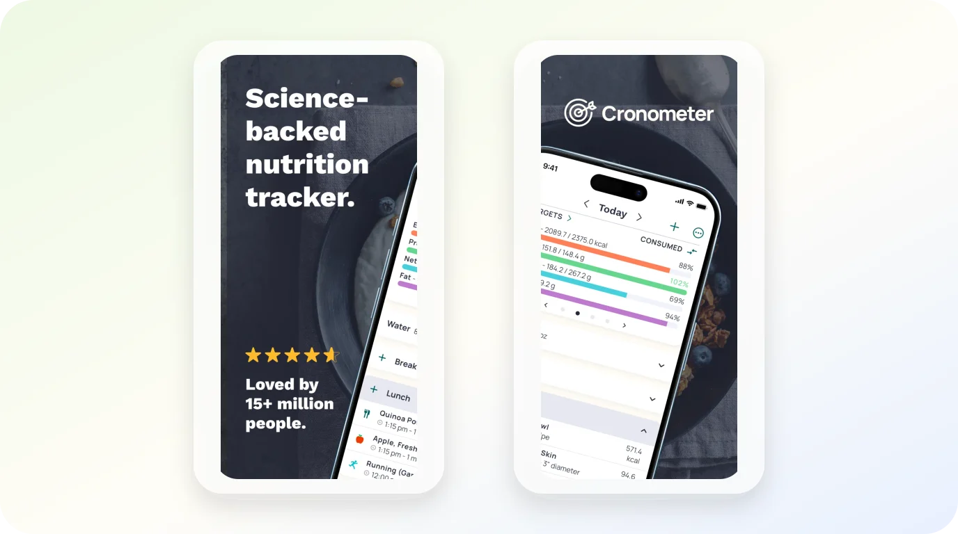 Cronometer App Store screenshots showing macro and micronutrient tracking