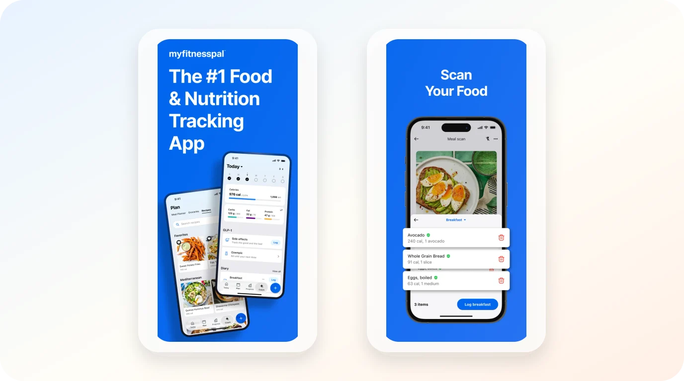 MyFitnessPal App Store screenshots showing food and nutrition tracking