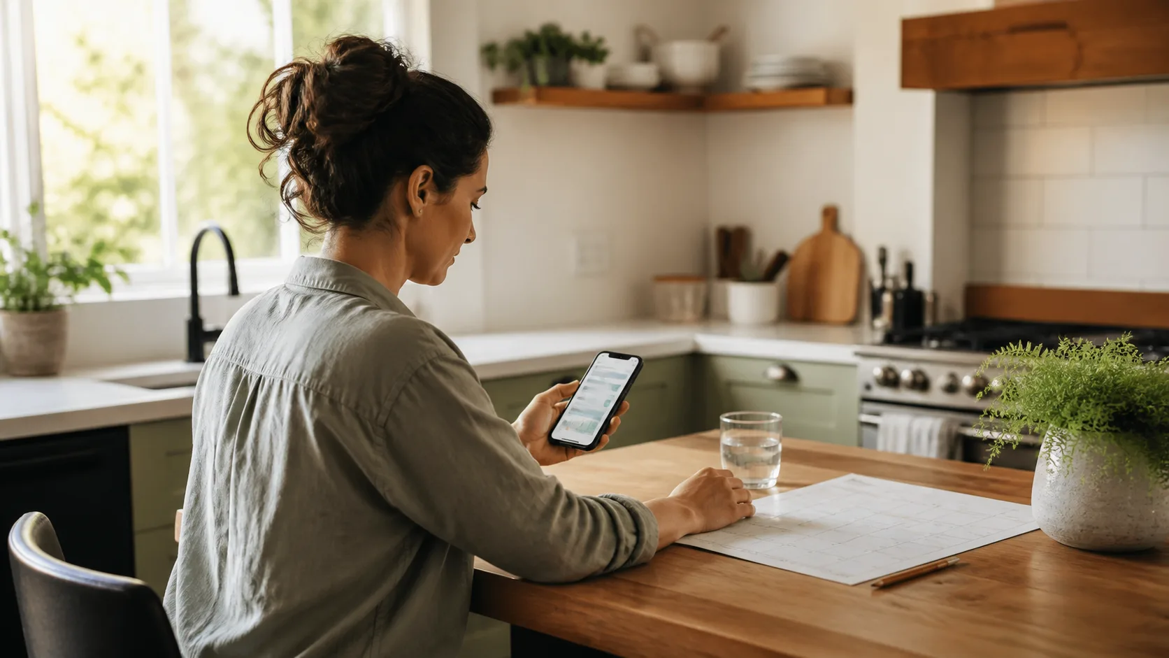 An adult reviews an unbranded routine tracker and paper calendar at a kitchen table