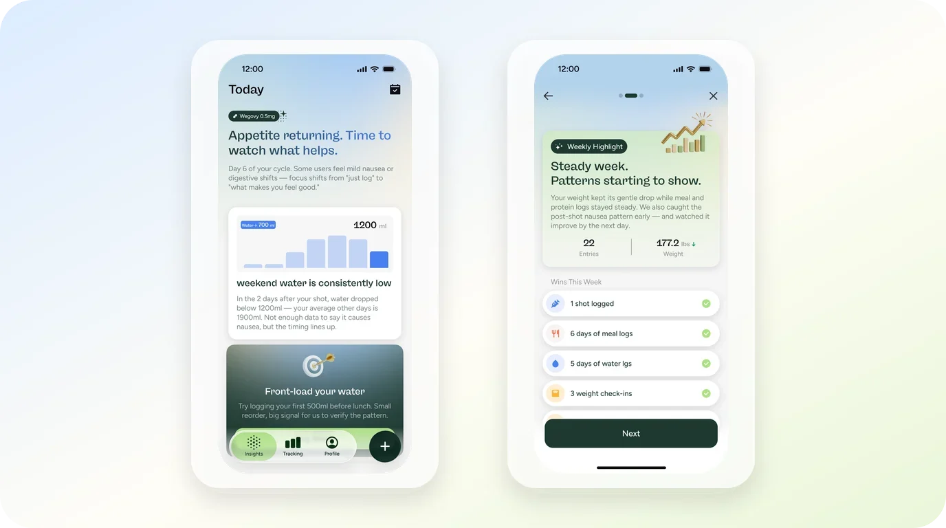Glowise screens showing daily logging and weekly routine views