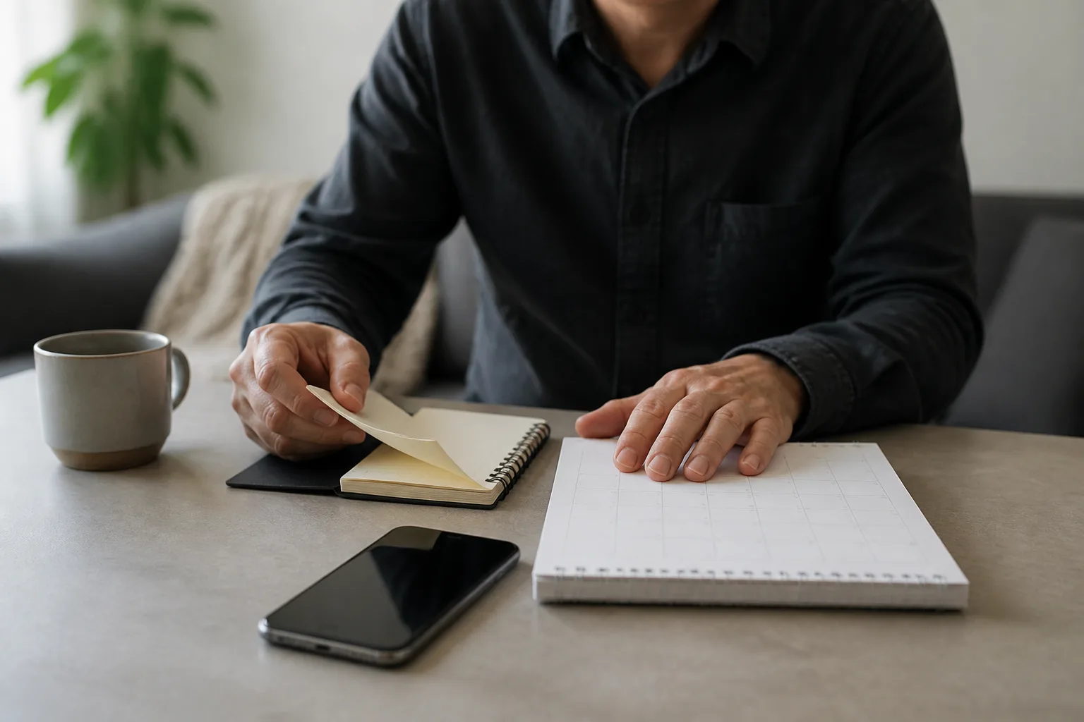 An adult reviews routine notes beside a phone before a healthcare conversation