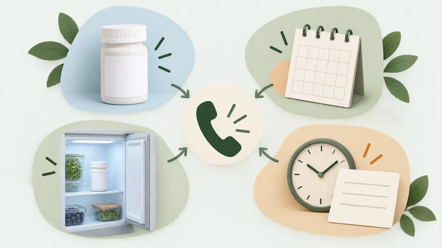 A vial, calendar, refrigerator, clock, and note gathered around a phone for a pharmacy question