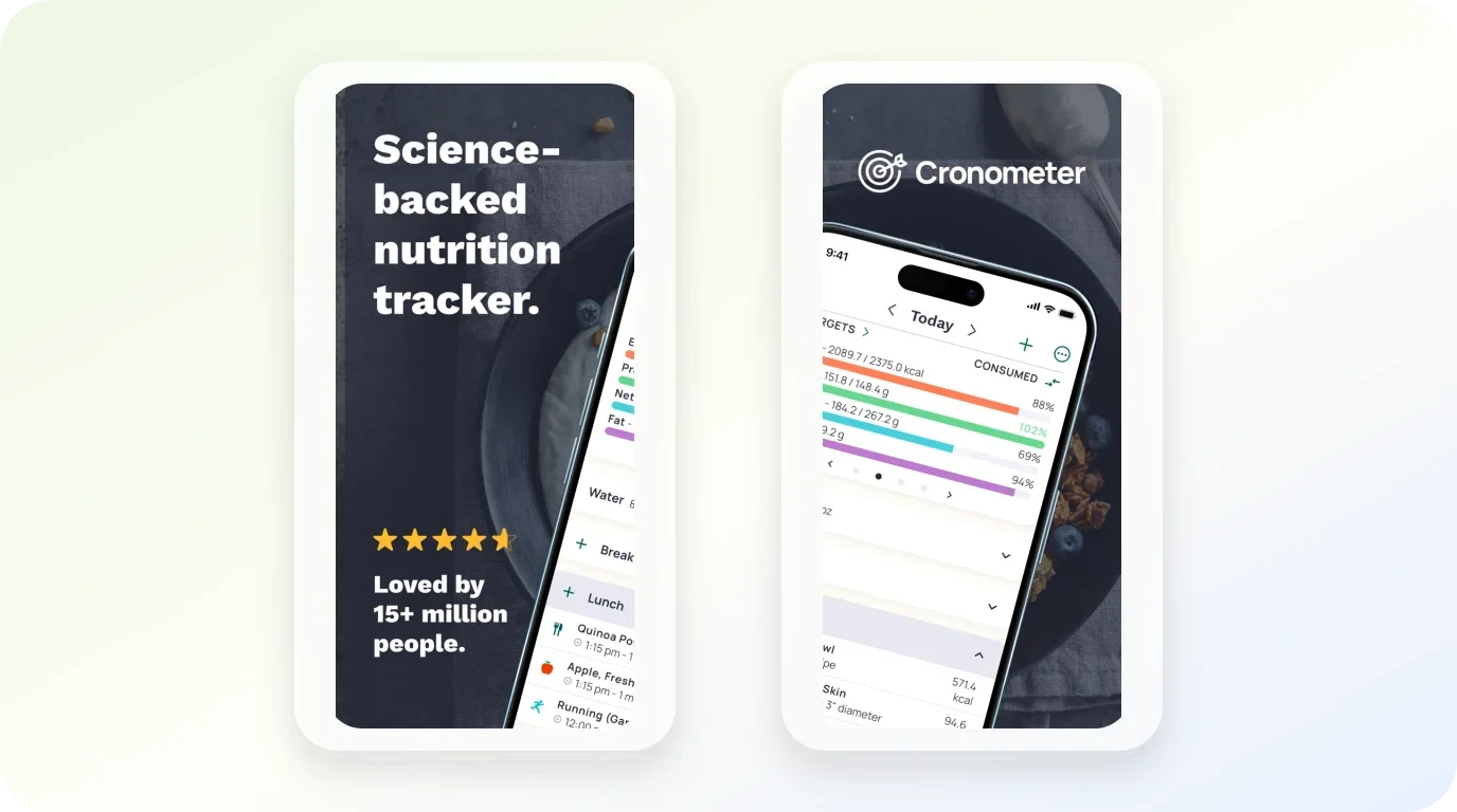 Cronometer App Store 界面展示宏量和微量营养素记录