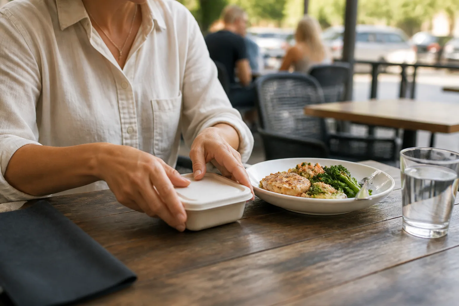 Adult at a bright restaurant patio table with a small shared meal and a takeout container nearby