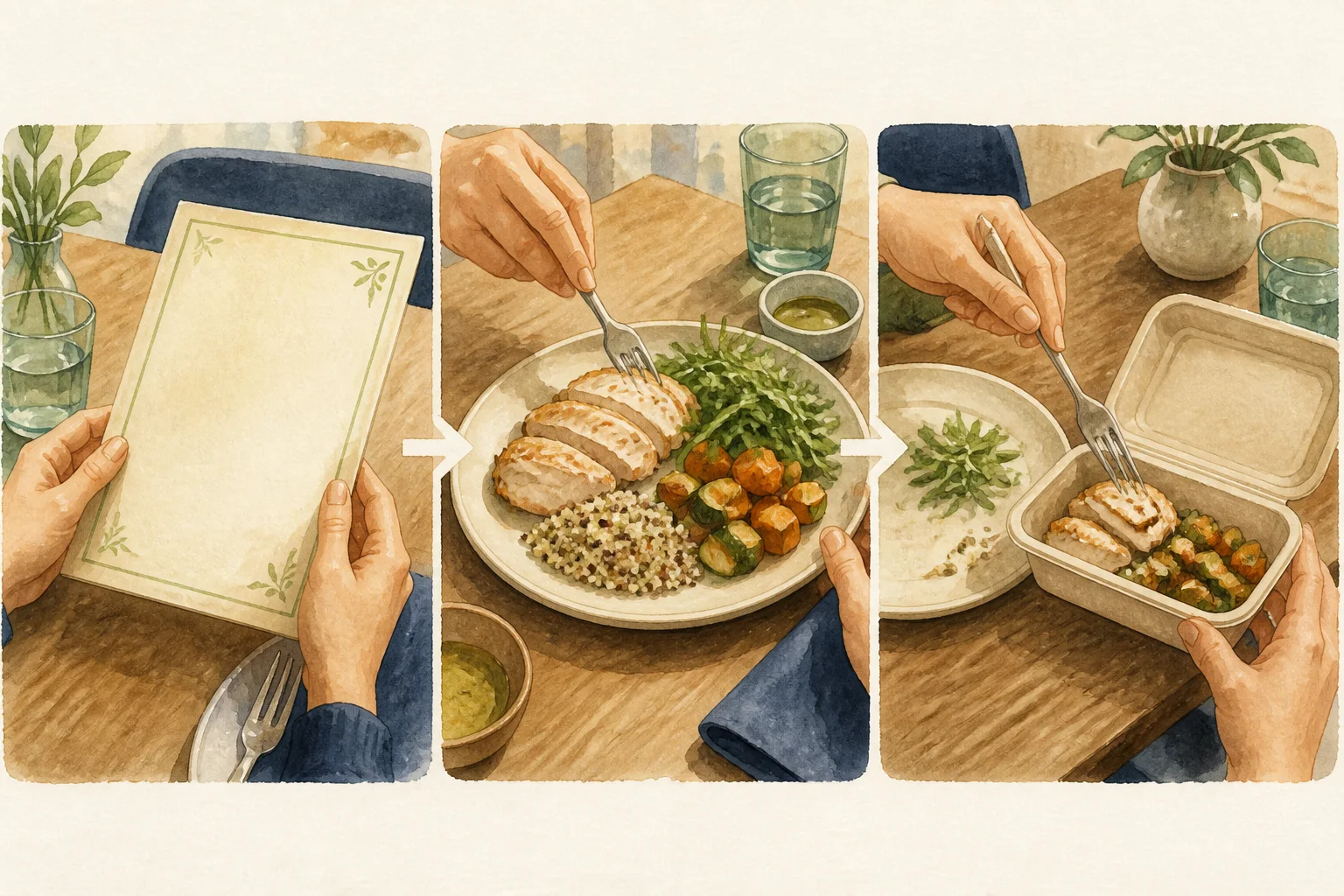Illustrated decision flow from menu preview to an adjustable order and leftovers