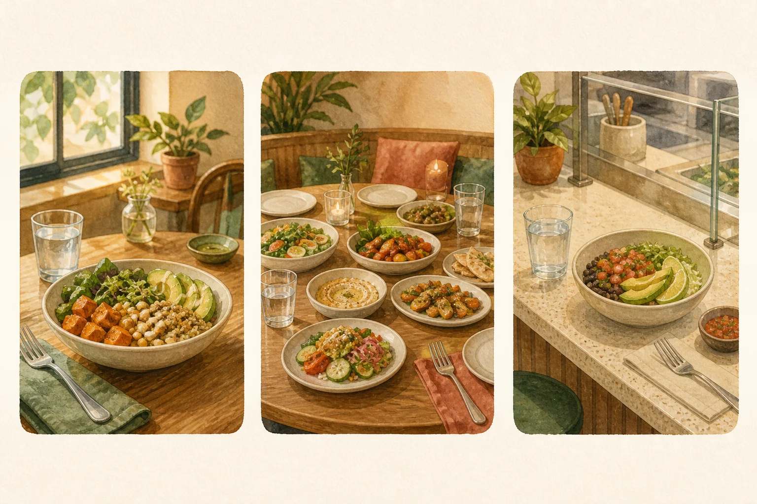 Illustrated cards representing three restaurant styles and adjustable meal choices