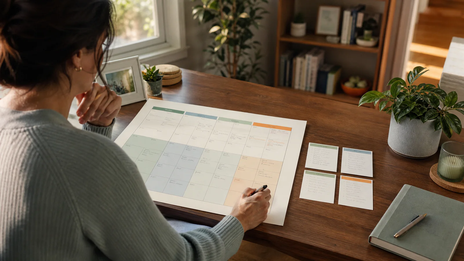 A woman reviews four weeks of notes on a large monthly calendar at a home desk