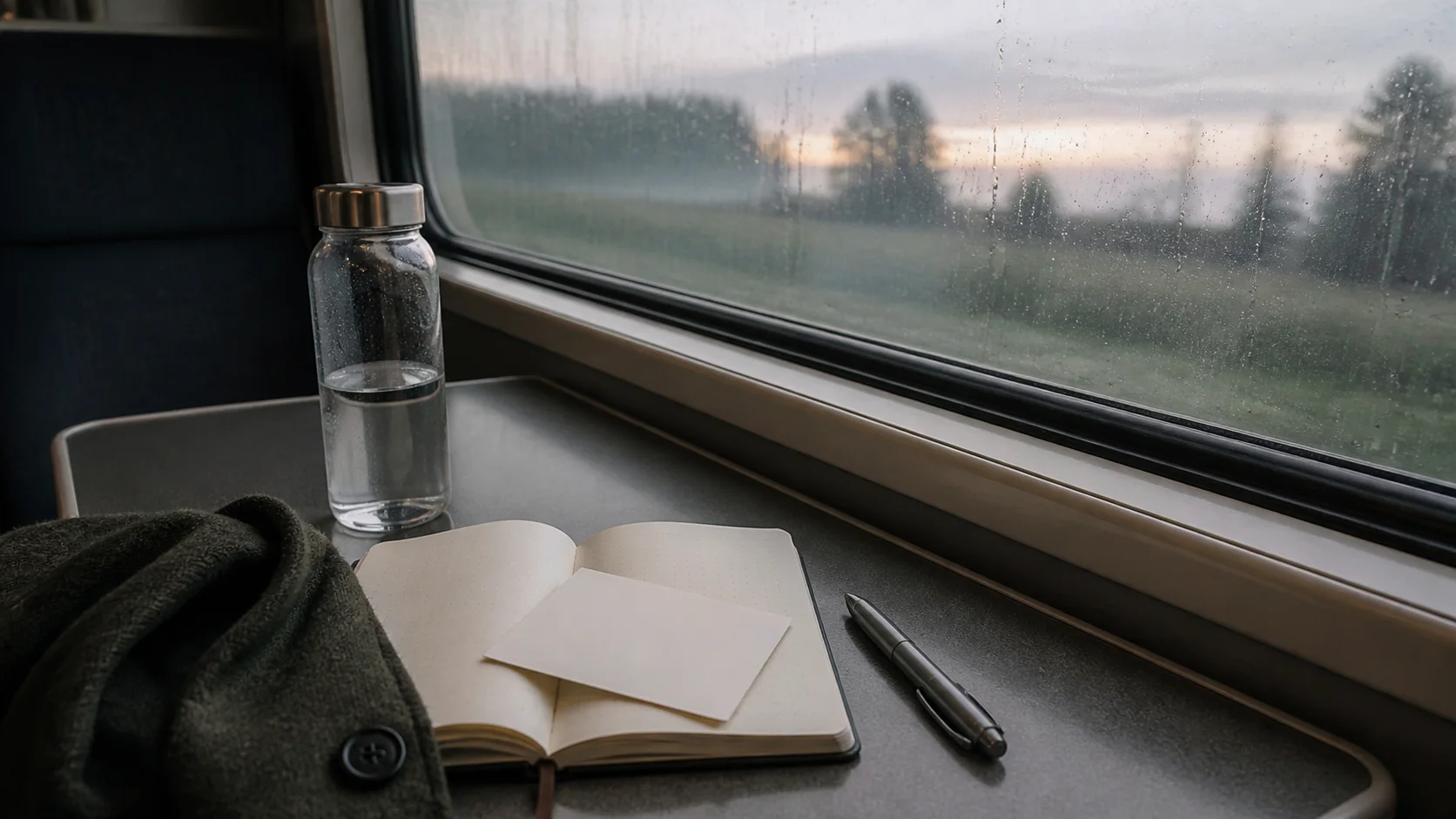 A notebook, water bottle, and neutral reminder card arranged on a quiet train table