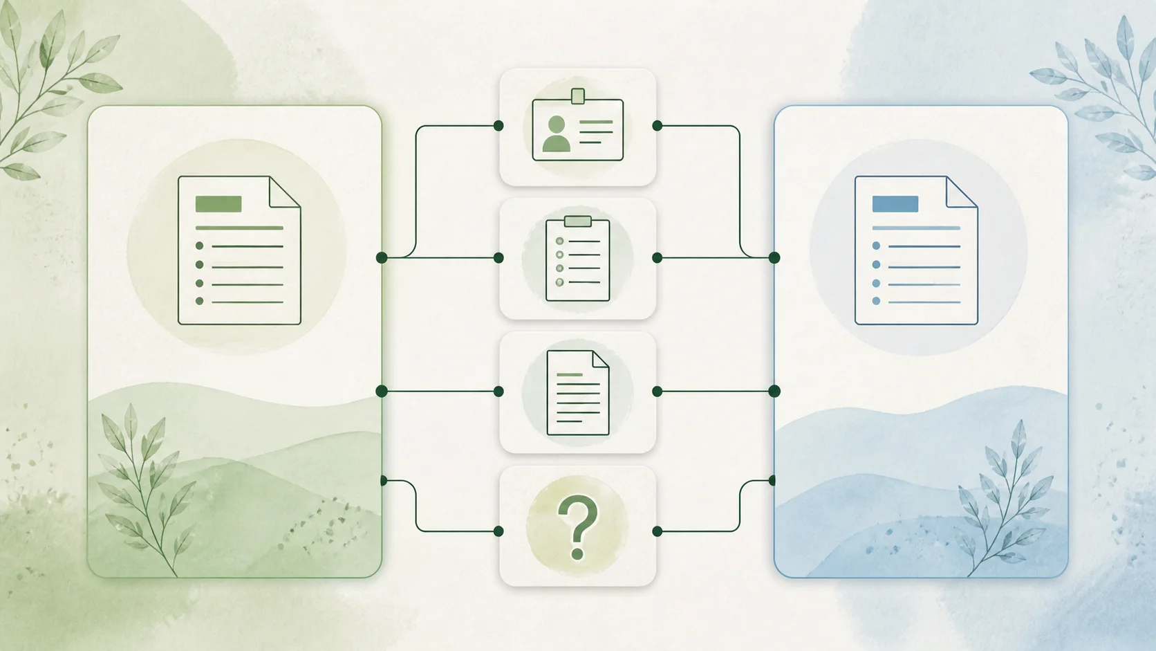 An illustrated two-column map that pairs neutral product questions with their corresponding information sheets