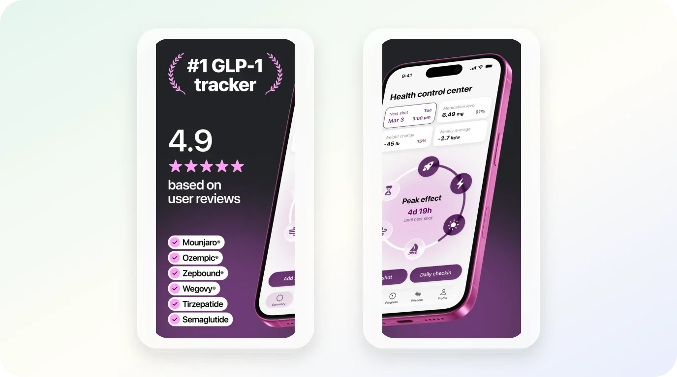 Glapp App Store screens show medication and progress tracking