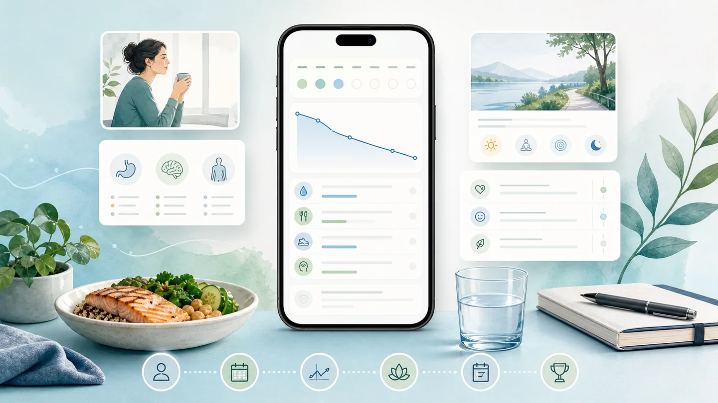 A four-part scorecard illustrates medication, food, hydration, and progress priorities around a phone