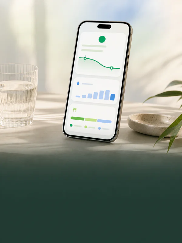 Glowise app dashboard on a phone beside a glass of water