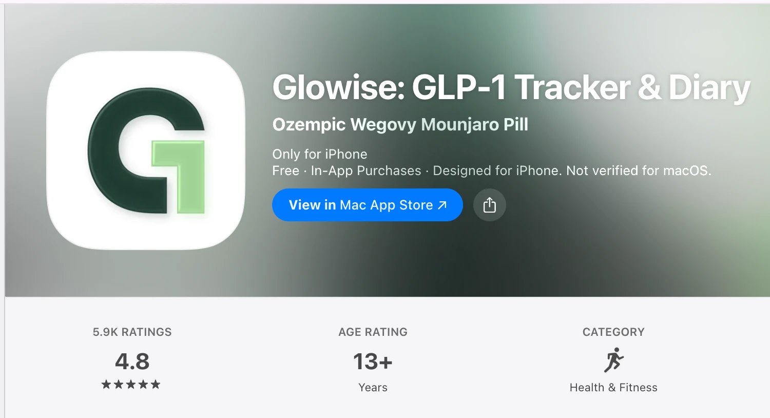 Mac App Store snapshot showing Glowise with a 4.8 out of 5 rating from 5.9K ratings