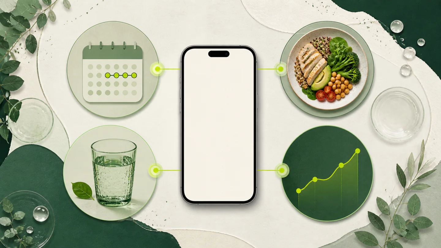 A four-part scorecard illustrates medication, food, hydration, and progress priorities around a phone
