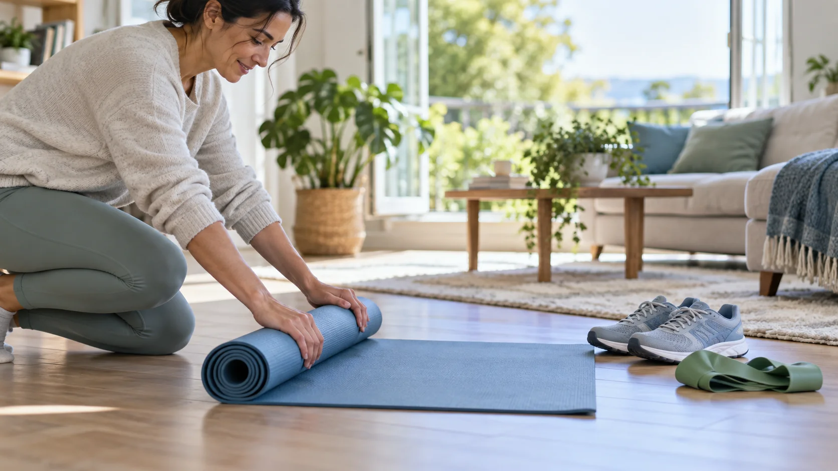 Adult preparing a yoga mat beside walking shoes and a resistance band