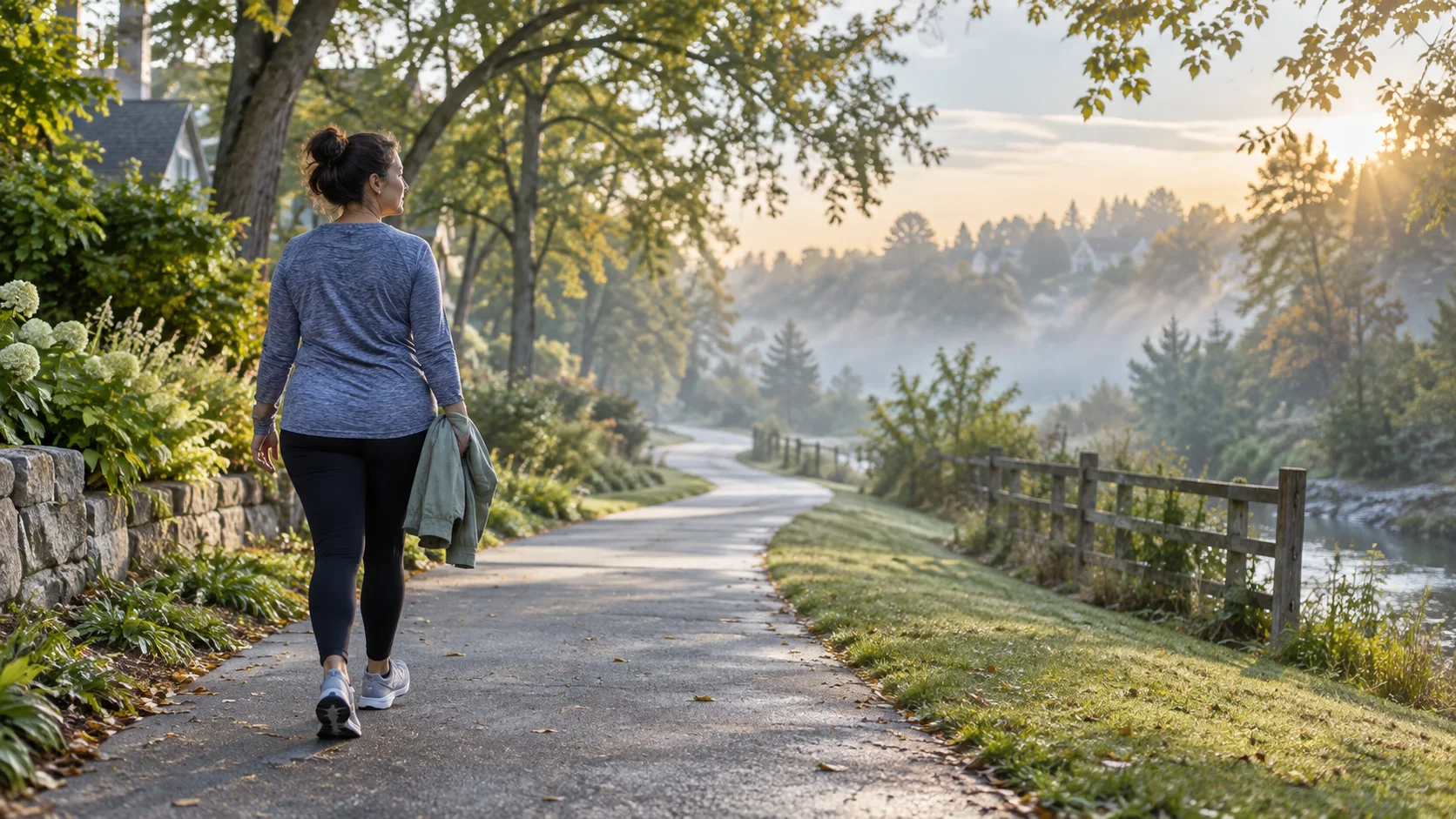 Adult walking on a leafy neighborhood path in early morning light