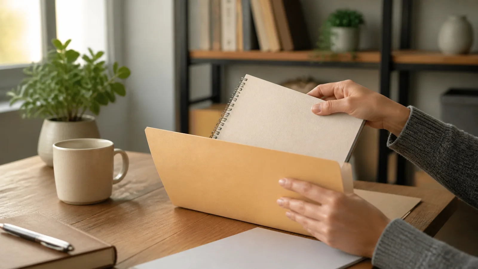 Person placing a dated notebook into a labeled file folder at a home desk