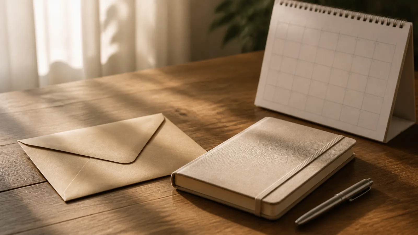 Closed photo envelope beside a dated notebook, pen, and calendar on a table