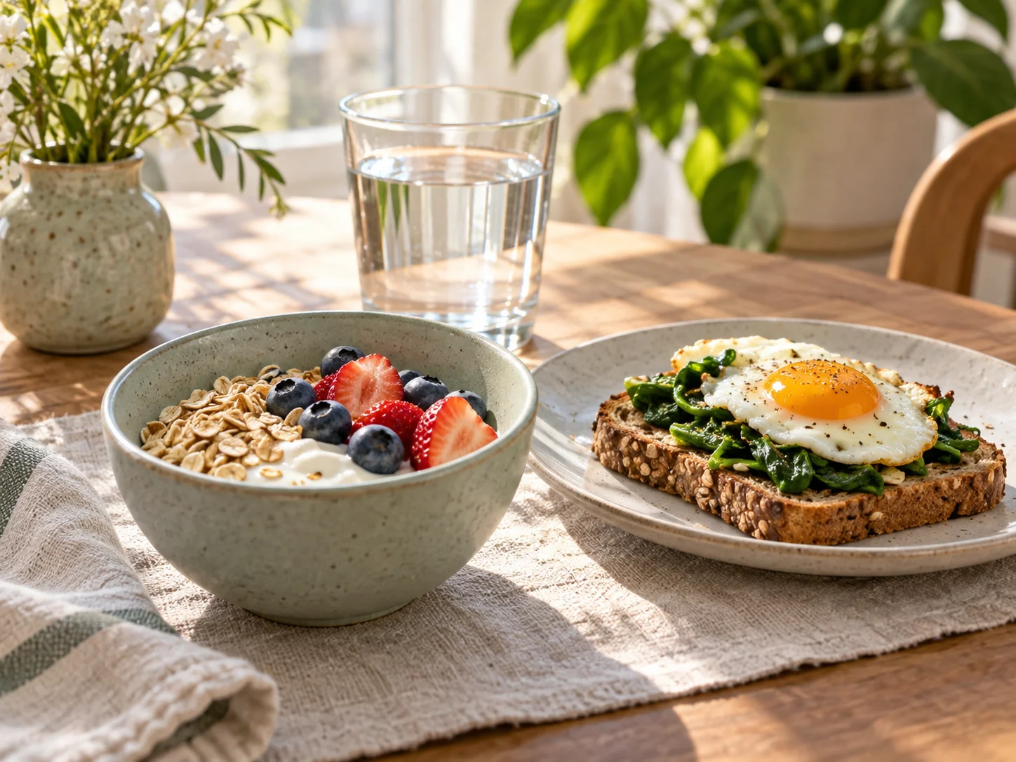 Berry and oat yogurt bowl beside egg and spinach toast and a glass of water on a sunlit table