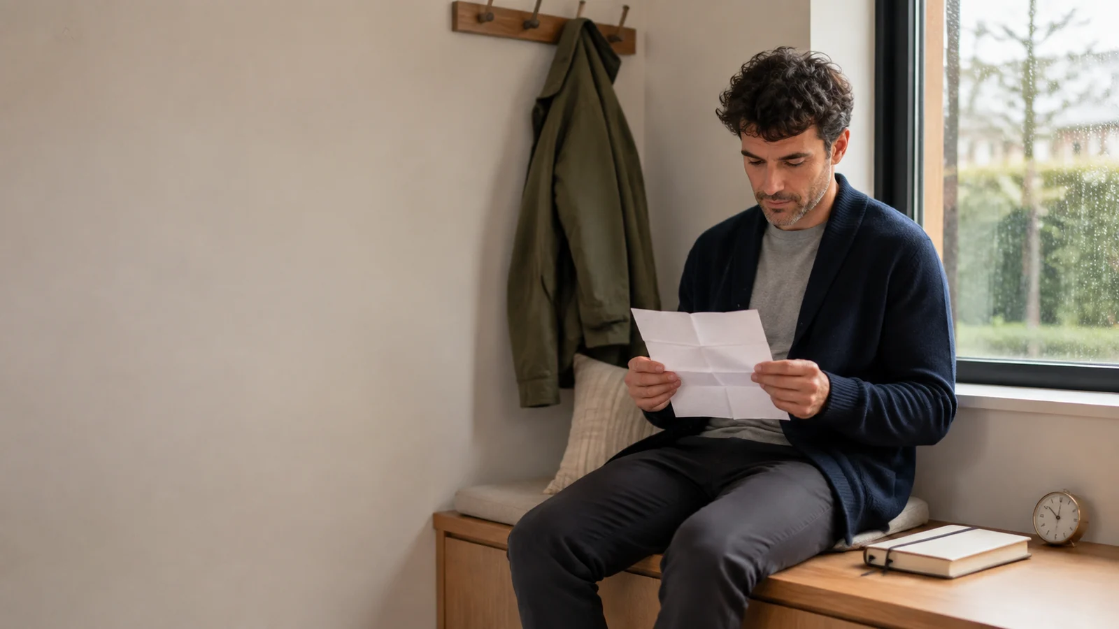 Person in a navy cardigan seated on a built-in entryway bench, holding a folded blank leaflet beside a closed notebook and small analog clock