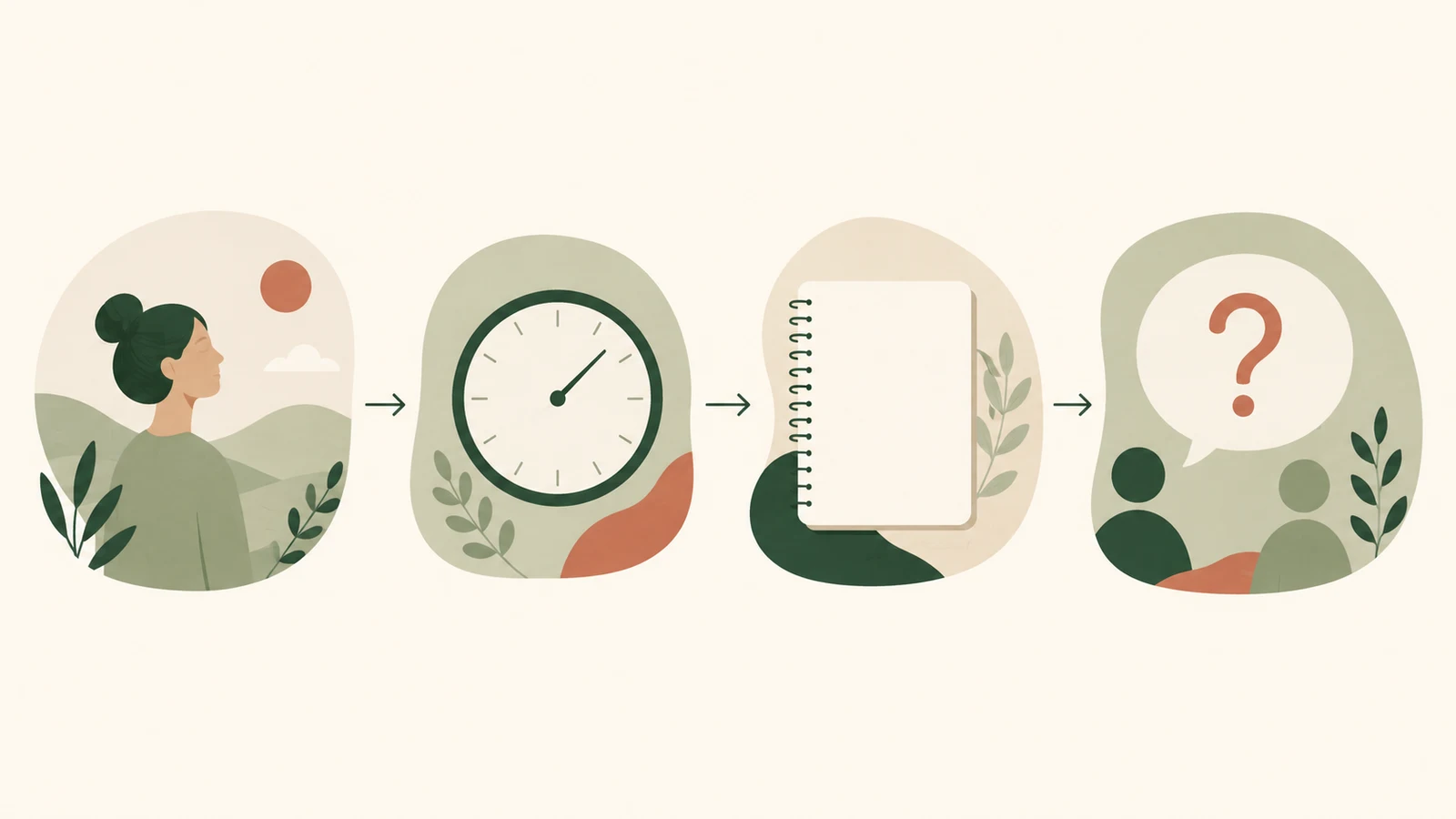 Four-panel illustration showing a symptom observation, a clock, a notebook, and a question card