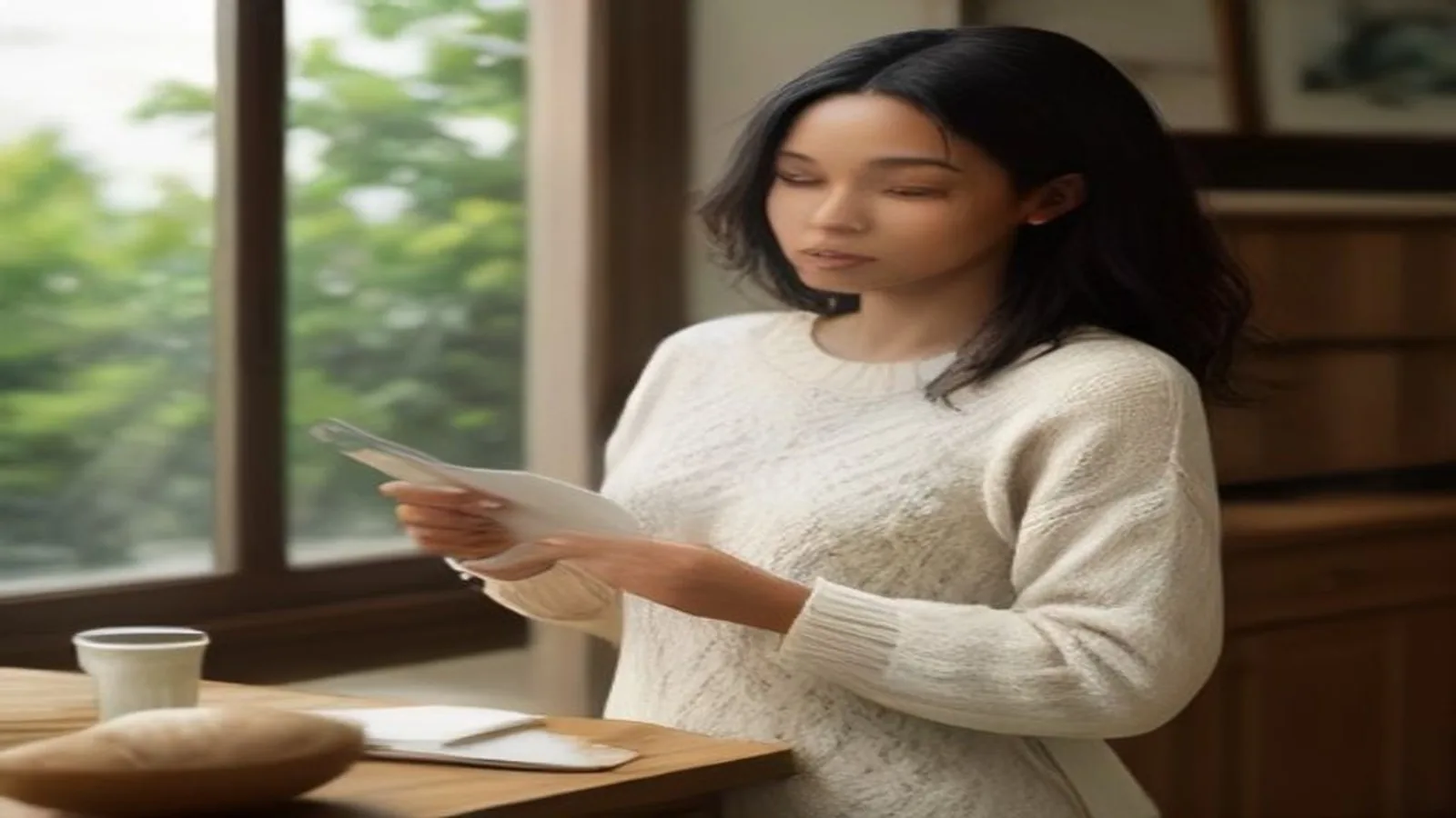 Woman in a cream knit sweater standing at an oak living-room sideboard, reading a folded blank leaflet beside an index card and a white mug
