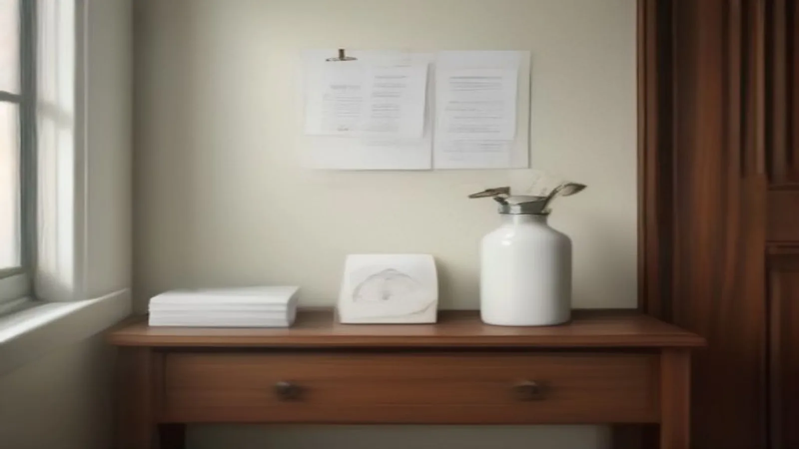 Hallway console with stacked paper, a small card block, and a jar of blank slips beside a window