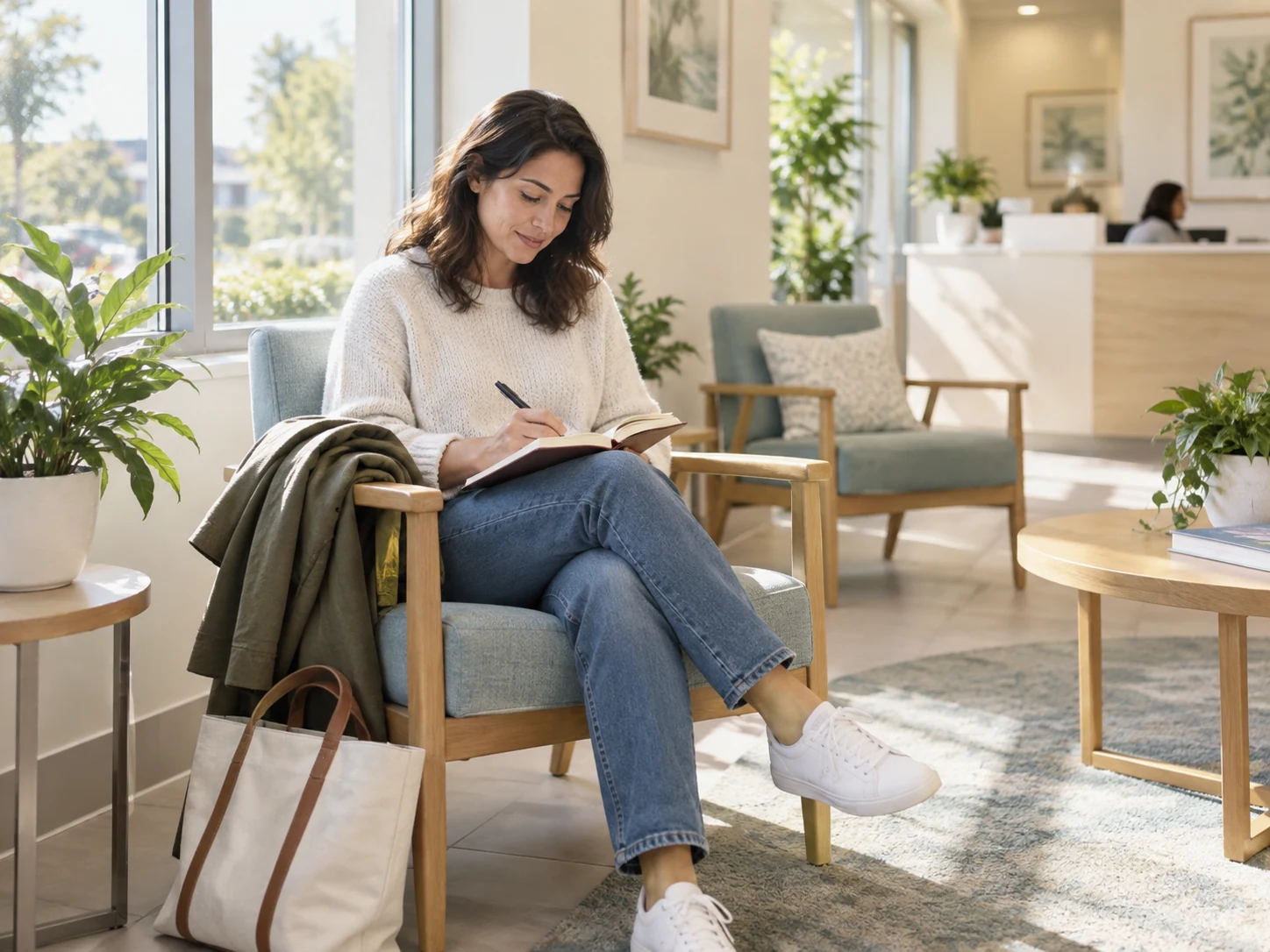 Adult writing in a notebook in a bright clinic waiting area