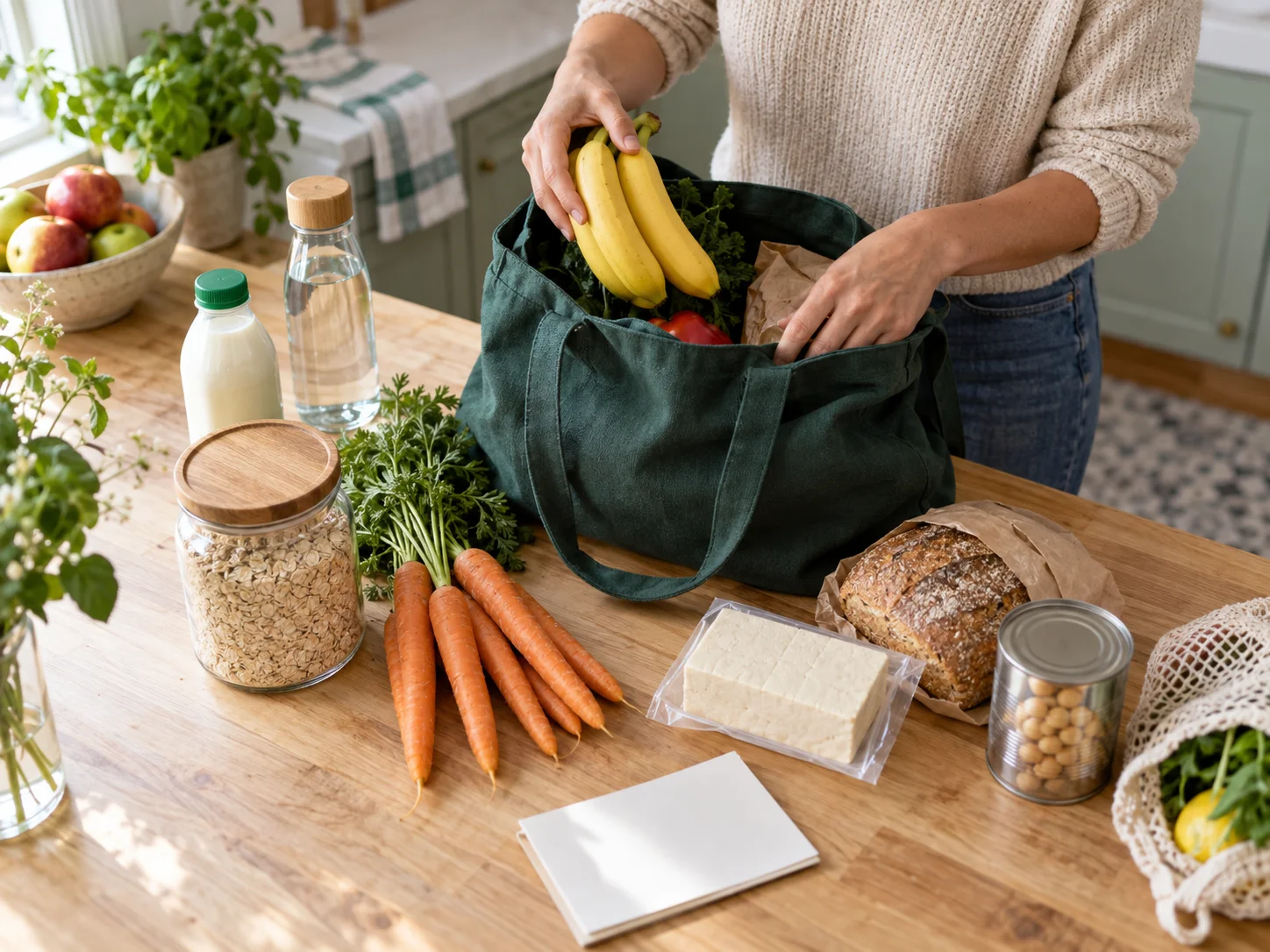Adult in a beige sweater unpacking bananas from a green reusable grocery bag beside oats, carrots, tofu, bread, and canned beans on a kitchen counter
