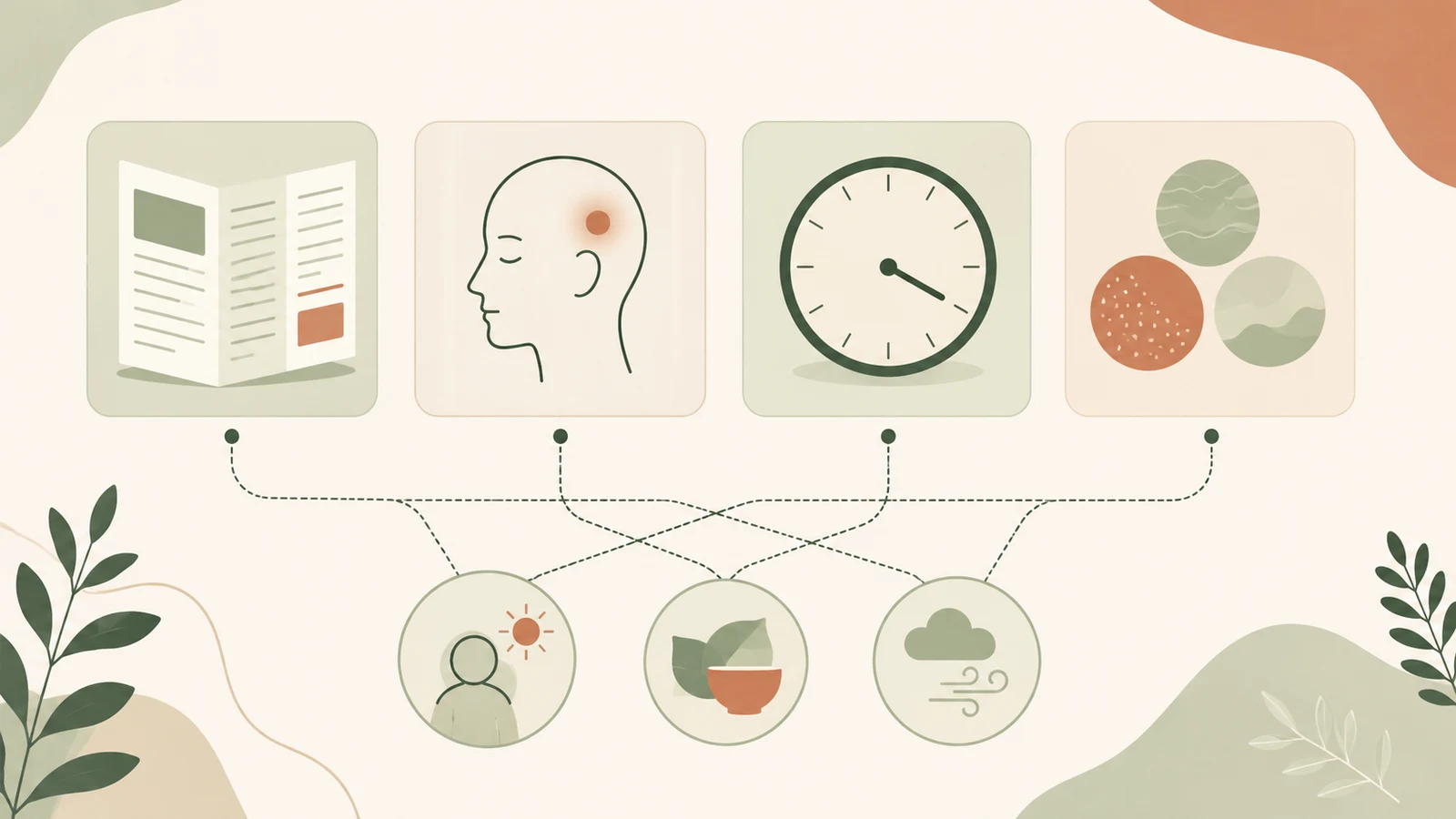 Illustrated cards showing a leaflet, a headache observation, a clock, and several unselected context symbols