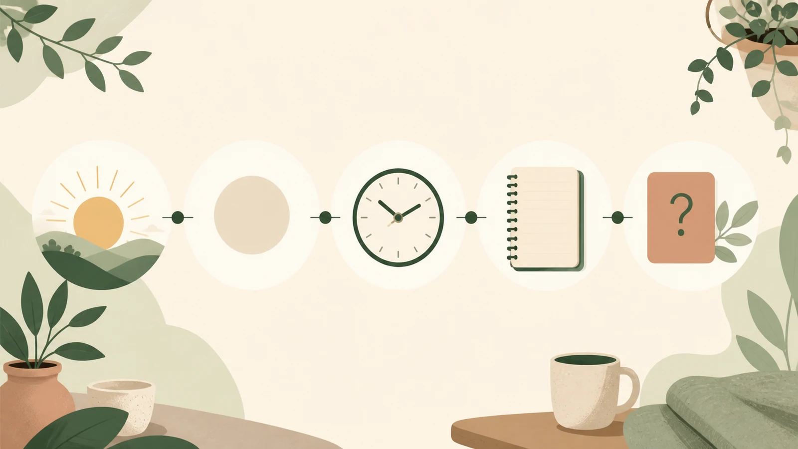 Illustrated timeline with time markers, a notebook, and a question card