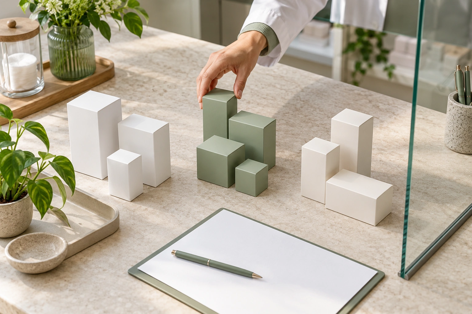 Hand arranging plain white and green cartons in groups beside a blank clipboard on a stone counter