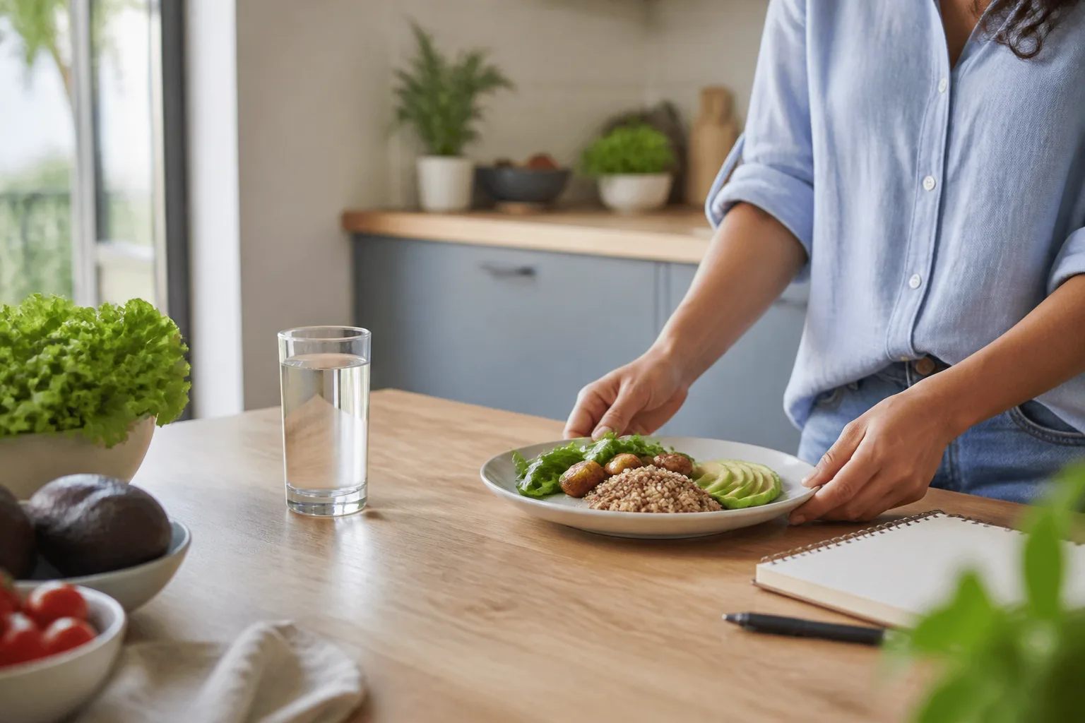 Adult arranging a small meal, water glass, and grocery notes on a bright kitchen table