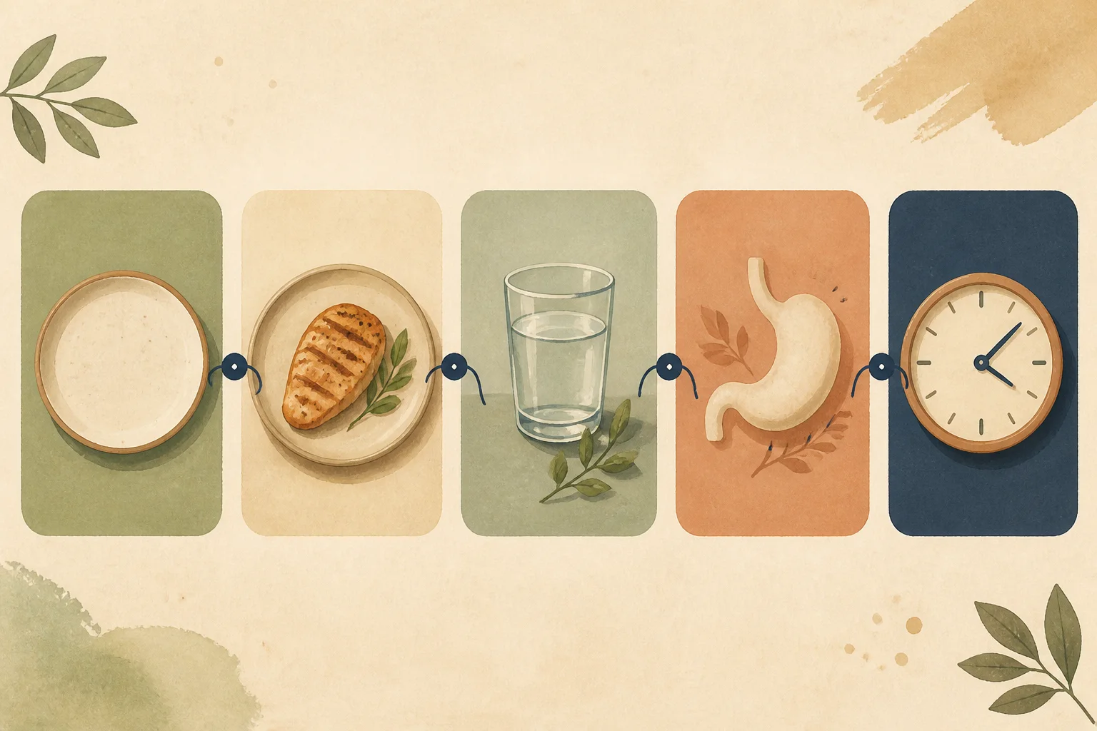 Five connected visual cards for food, protein, water, meal comfort, and timing